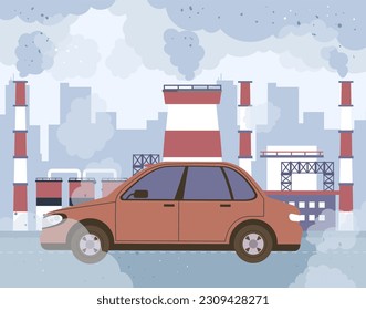 Pollute air by car smog road carbon exhaust concept. Vector graphic design illustration