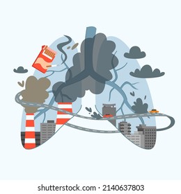 Polluted air effect on human lungs. Contaminated breathing human organs, urban pollution, pulmonary disease, respiratory problems, gases influence cartoon vector illustration