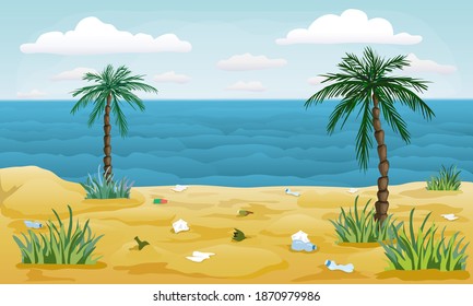 polluted beach with garbage around. tropical sea, sandy shore with palms and trash. cartoon style illustration of nature pollution. seaside at sunset, waves, clouds, coconut trees. vector landscape