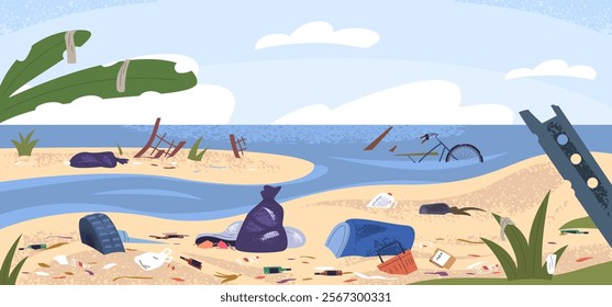 Polluted beach. Throwing garbage on river or sea coast, trash dump plastic waste pile in ocean island dirty ground water environment pollution landscape, classy vector illustration original artwork