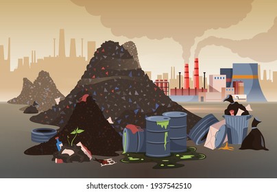 Polluted city area with mountains of rubbish toxic waste and working factories flat vector illustration