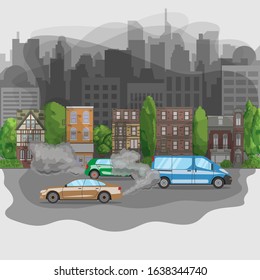 Polluted city from car exhaust. Fumes smog in town. Vehicle gas smoke. Vector illustration