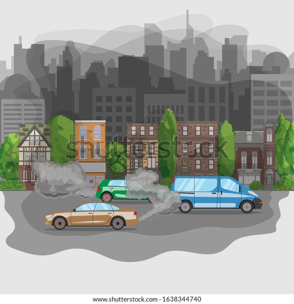 Polluted city from car exhaust. Fumes\
smog in town. Vehicle gas smoke. Vector\
illustration