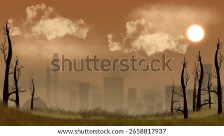 Polluted city skyline with dead trees and smoggy sky under burning sun, concept of climate change, global warming, air pollution, and environmental destruction.
