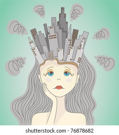 Polluted city in woman head. Vector illustration of polluted city in woman head. Image of dirty gray city that causes a headache.
