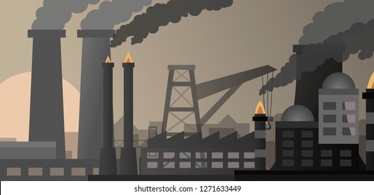 Polluted, contaminated industrial city in smoke with plants and factories