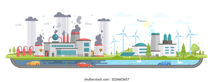 Polluted and eco area - modern flat design style vector illustration on white background. A composition with a plant making hazardous substances emissions and clean zone with windmills, solar panels