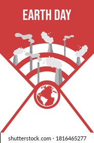 polluted environment vector illustration. factory fumes, ozone layer, earth day poster, red background.