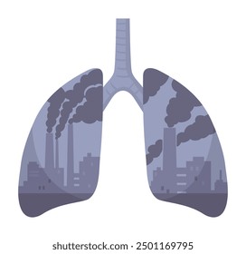 Pulmones contaminados. El sistema respiratorio insalubre de la historieta, la contaminación ambiental y los pulmones humanos metáfora de la Ilustración vectorial plana. Concepto de contaminación por smog de la fábrica de Industrial