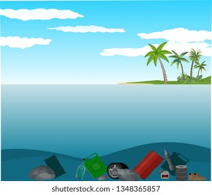 Polluted Ocean, Garbage On The Ocean Floor, Environmental Issues, Vector