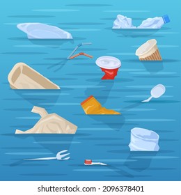 Polluted Ocean, Plastic Disposable Trash Floating In Water. Disposable Plastic Garbage In Polluted Ocean Or Sea Water Vector Illustration. Nature Polluting Plastic Trash As Bag, Toothbrush, Mug