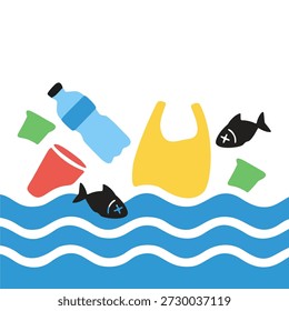 Océano contaminado con botellas de desechos plásticos y peces muertos