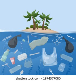 Polluted ocean and plastic waste floating on the surface, environmental protection motivational advertisement Ocean sea water pollution concept vector illustration.