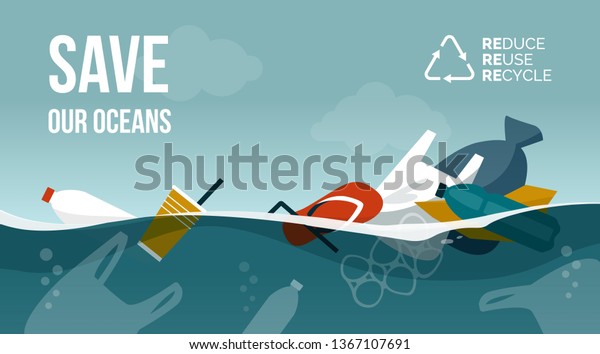 Polluted Ocean Plastic Waste Floating On Stock Vector (Royalty Free ...