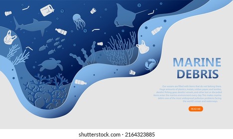 Polluted ocean and plastic waste in the ocean.Vector paper cut style.