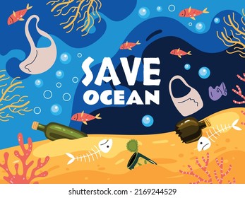 Polluted ocean sea bottom with garbage. Save ocean concept. Vector cartoon design element illustration