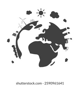 Polluted Planet - Black Eco Earth Globe Concept Clip-Art, Vector Design Isolated on White Background