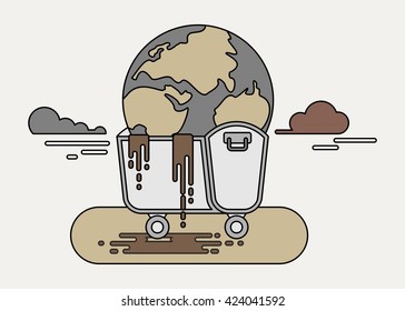 Polluted planet in a dumpster. Conceptual image of a bad environment and pollute water, air, soil.Objects isolated on a white background. Flat vector illustration.Lines image.