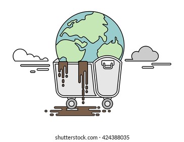 Polluted planet in a dumpster. Conceptual image of a bad environment and  pollution  water, air, soil.Objects isolated on a white background. Flat vector illustration.Lines image.