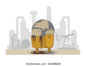 Polluted planet in a dumpster. Factories polluting the Earth.Conceptual image of a bad environment and pollution water, air, soil.Objects isolated on a white background. Flat vector illustration.
