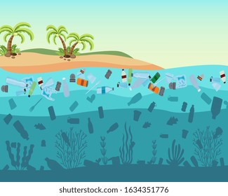 Polluted with plastic bags and bottles of the sea, islands with palm trees. Plastic ocean pollution concept with trash and fish silhouettes in the sea, flat vector illustration