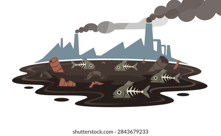 Polluted river with dead fish skeletons, chemical barrels, and factory chimneys emitting dark smoke in the background.