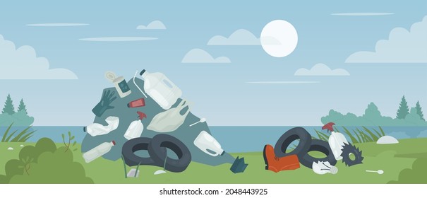 Polluted river or lake beach, problem of nature pollution vector illustration. Cartoon garbage and plastic debris floating in water, waste scattered on shore, dirty countryside landscape background