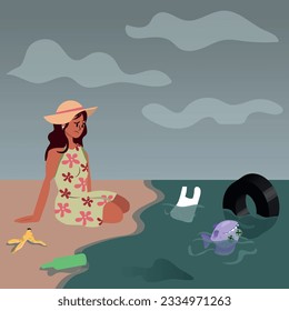 polluted river, woman looks sadly at a polluted lake full of garbage. Pollution waste floating in ocean, sea or river, water, car, tires, plastic bags