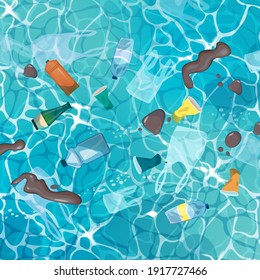 Polluted seashore with sand, garbage, bottles, paper cups, plastic bags, trash, top view. Cartoon vector illustration.