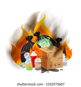 polluted of waste plastic incineration isolated on white, garbage waste disposal with burnt incinerate, fire flame garbage burning and smoke air pollution, fire smoke burn garbage waste plastic