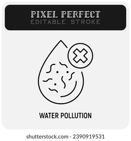 Agua contaminada, gota de agua con bacterias y cruz. Icono de línea delgada. Trazo editable. Ilustración vectorial.