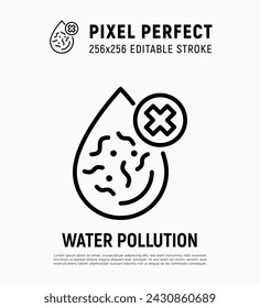 Polluted water, water drop with bacterias and cross mark. Thin line icon. Editable stroke. Vector illustration.