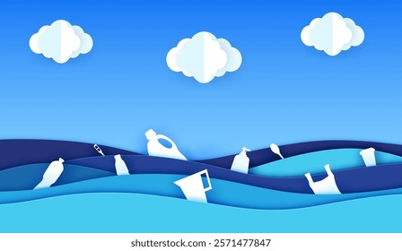 Polluted water with plastic items in sea or ocean waves in paper cut, vector background. Stop pollution, save sea ecology and ocean environment paper cut banner with plastic bottles and plastic bags