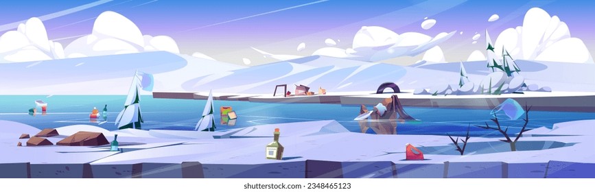 Polluted winter cartoon landscape. Frozen lake or river, snow-covered mountains and trees covered with scattered garbage, plastic bags and glass bottles. Nature contaminated with trash and rubbish.