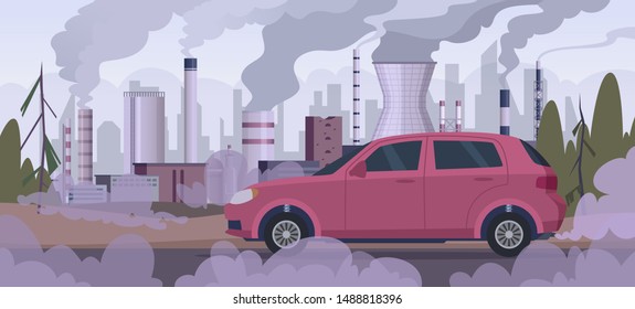 Polluter Car. Atmospheric Pollution Industrial Factory Automobile Traffic Engine Smoke Bad Urban Environment Vector Background