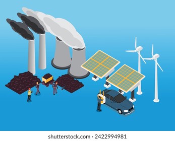 Polluting fossil thermal coal and nuclear power plants versus clean solar panels and wind turbines renewable energy 3d isometric vector illustration