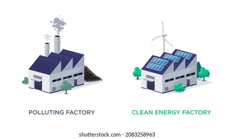 Polluting fossil thermal coal power plant factory and renewable sustainable clean energy manufacture.  Dirty manufacturing production vs solar panels and wind turbines. Isolated vector illustration. 