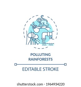 Polluting rainforests concept icon. Green tourism challenges. People decreasing amount of tree forests idea thin line illustration. Vector isolated outline RGB color drawing. Editable stroke