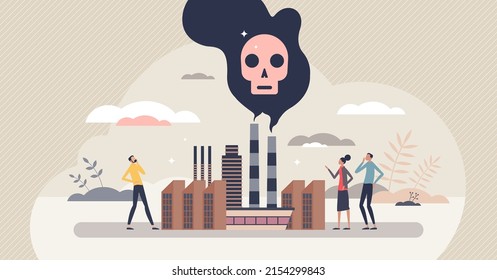 Pollution As Air Damaging With Factory Fumes And CO2 Tiny Person Concept. Emission Cloud From Industrial Manufacturing As Toxic And Environmental Contamination Vector Illustration. Chimney Smoke Scene