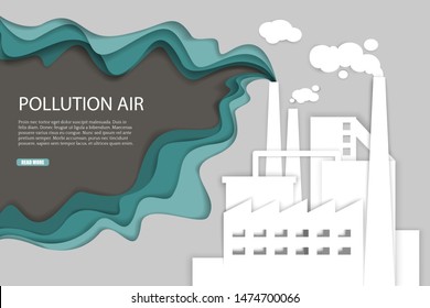 Pollution air web banner template. Industrial plant building with smoking pipes, vector illustration in paper art style. Save environment, ecology concept.