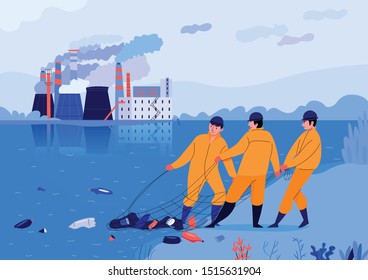Pollution background with three man taking rubbish out of pond near plant flat vector illustration