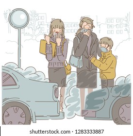 Pollution car Women wear protective masks.People in protective mask on industrial background with factories and smog.In the outdoor. Cartoon vector illustration. Hand drawing.