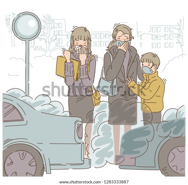 Pollution car\
Women wear protective masks.People in protective mask on industrial\
background with factories and smog.In the outdoor. Cartoon vector\
illustration. Hand\
drawing.