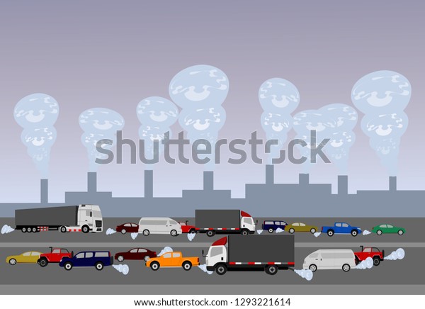 Pollution caused by cars on roads and industrial\
plants in cities around the\
world
