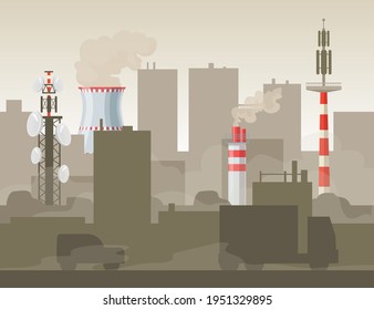 Pollution of city because of factory or plant. Vehicle, tube, smog flat vector illustration. Industry and environment concept for banner, website design or landing web page