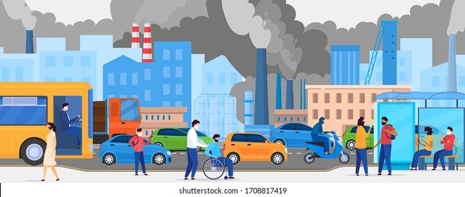 Pollution in city with road traffic and pedestrian in masks, ecology in urban street traffic, people walking and smoked polluted cityscape vector illustration. City sky pollutants from transport.