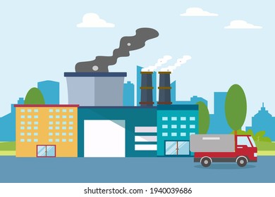 Pollution city vector concept. Truck passing on the road with industrial pollution from a factory chimney