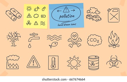 Pollution and climate change hand drawn icons. Full vector illustration with editable strokes.