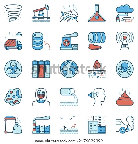 Pollution colored icons set. Vector air, noise, dust, water and land pollution concept modern signs