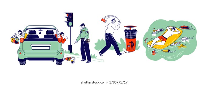 Pollution Concept. Characters Throw Garbage on Street. Driver Throwing Trash Out of Car Window, Police Notice. Man Floating on Inflatable Mattress with Litter around. Linear People Vector Illustration